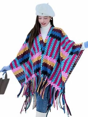Multicolor Crochet Fringe Poncho Sweater - Women